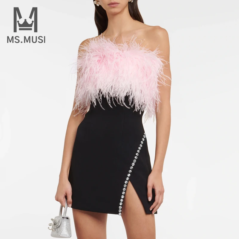 

MSMUSI 2024 New Fashion Women Sexy Strapless Feather Crystal Patchwork Sleeveless Bandage Party Club Bodycon Slit Mini Dress