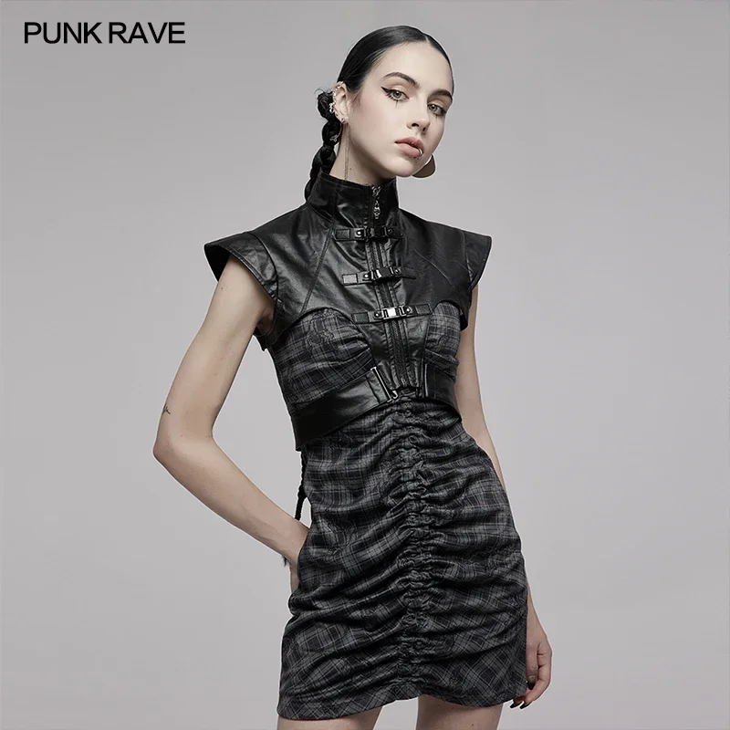 PUNK RAVE Women's Punk Metal Hard Core Wide Shoulder Vest with Waist Loop Etachable Waistbands Sexy Corset Accessories