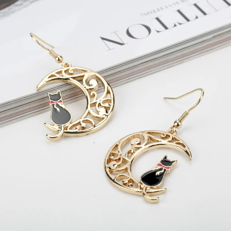 Boucles d'oreilles chat animal mignon pour femmes, chat debout sur la lune, boucles d'oreilles pendantes, cadeaux d'amoureux, bijoux punk gothiques