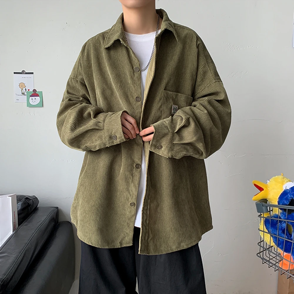 Corduroy Shirts For Men Long Sleeve Black Shirt Spring Summer Korean Streetwear Clothes Unisex Fashion Casual Oversize Shirt
