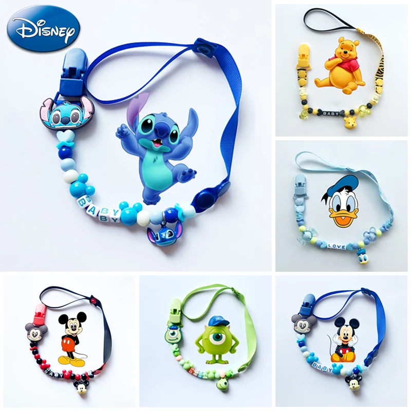 Disney Pacifier Clips Stitch Mickey Anime Figures Baby Teether Chain Silicone Anti-drop Anti-lost Personalized Holder Molar Toy