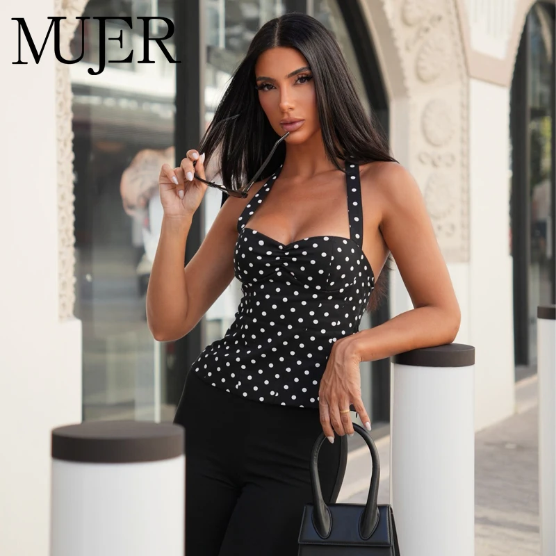 Top Halter con Estampado de Puntos para Mujer, Top Corto sin Hombros, Top Sexy sin Espalda para Mujer, Top sin Mangas para Verano