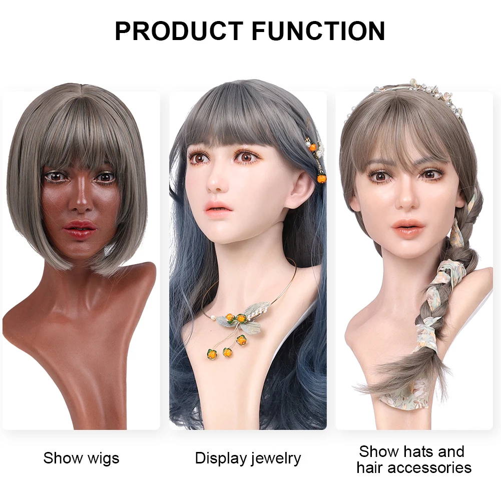 Dokier Realistic Silicone Material Female Head Model Lifelike Silicone Female Mannequin Head for Wig Hat Jewelry Display