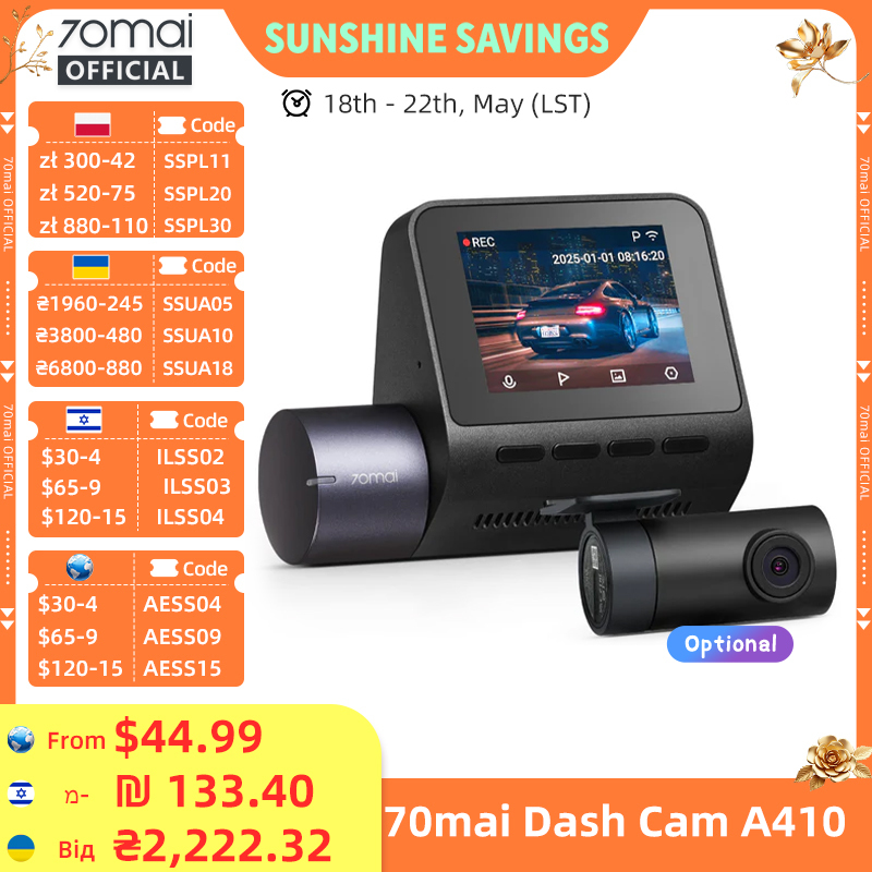  70mai Dash Cam A410 2.5K+1080P Dual-Channel Recording Built-in GPS 24H Parking Surveillance Car DVR 70mai A410 