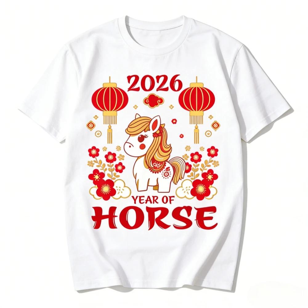 2026 Anno del Cavallo Maglietta Capodanno Lunare Camicia Capodanno Cinese T-Shirt Carino Zodiaco Cavallo Cartone Animato Stampato Tee Donne Magliette E Camicette