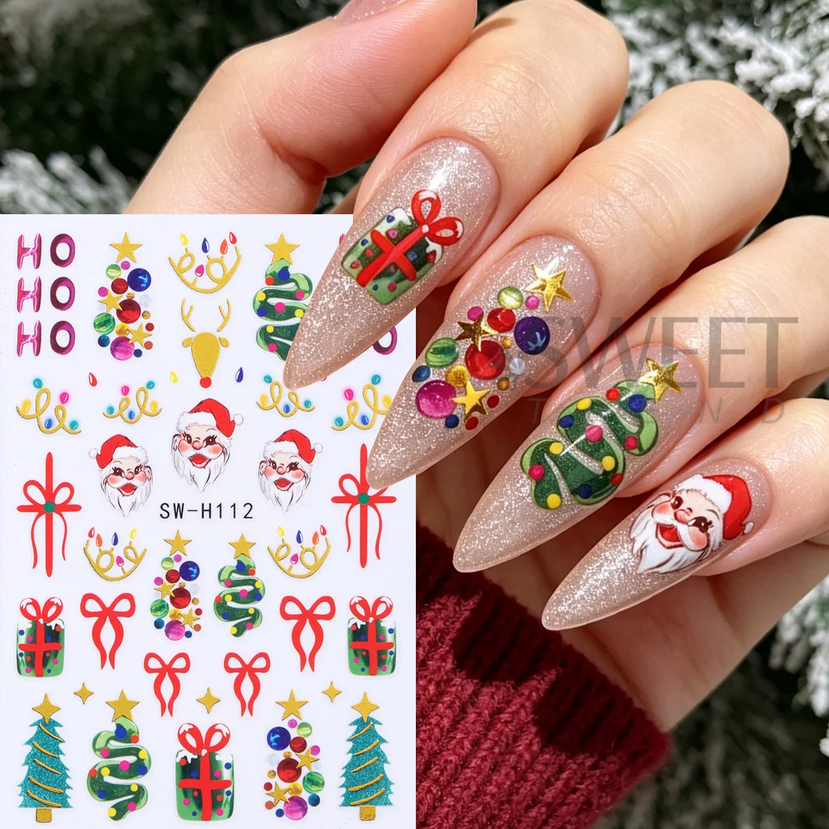 2pcs Christmas Series Nail Stickers Cute Santa Claus Reindeer Xmas Tree Gift Bow Adhesive Decals Adorable Winter Manicure Decor
