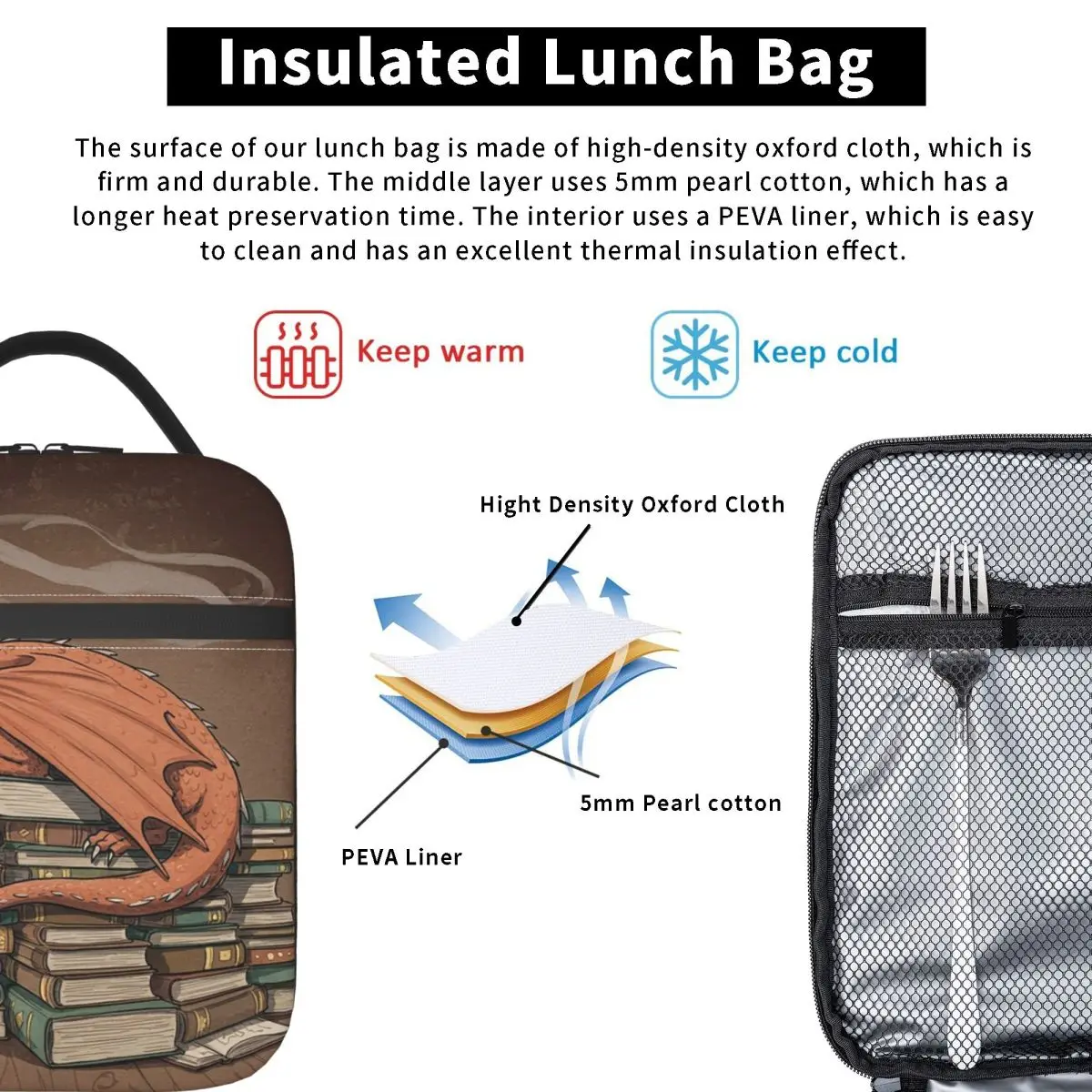 Cute Dragon Sleeping On A Book Insulated Lunch Bag for Women Children Leakproof Food Boxes Thermal Lunch Box Tote