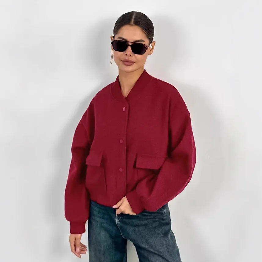 다용도 여성 가을 울 재킷 단색 스탠드 칼라 스냅 버튼 여성 아우터 인스타그램 스타일 시크 코트