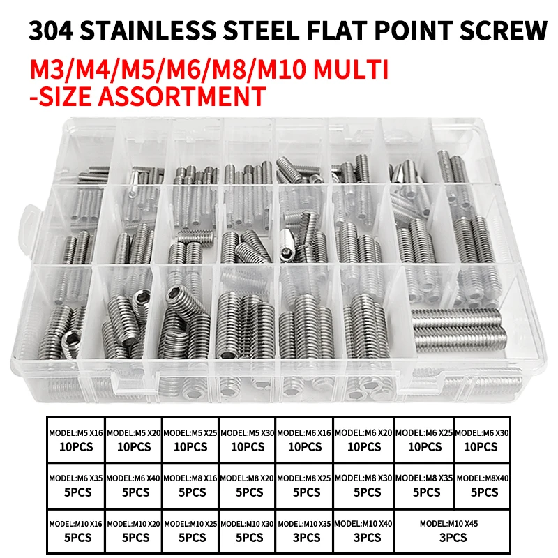 

M3-M10 DIN913 Black Steel 304 Stainless Steel Hex Hexagon Socket Allen Flat Point Set Screw Grub Bolt Assortment Kit