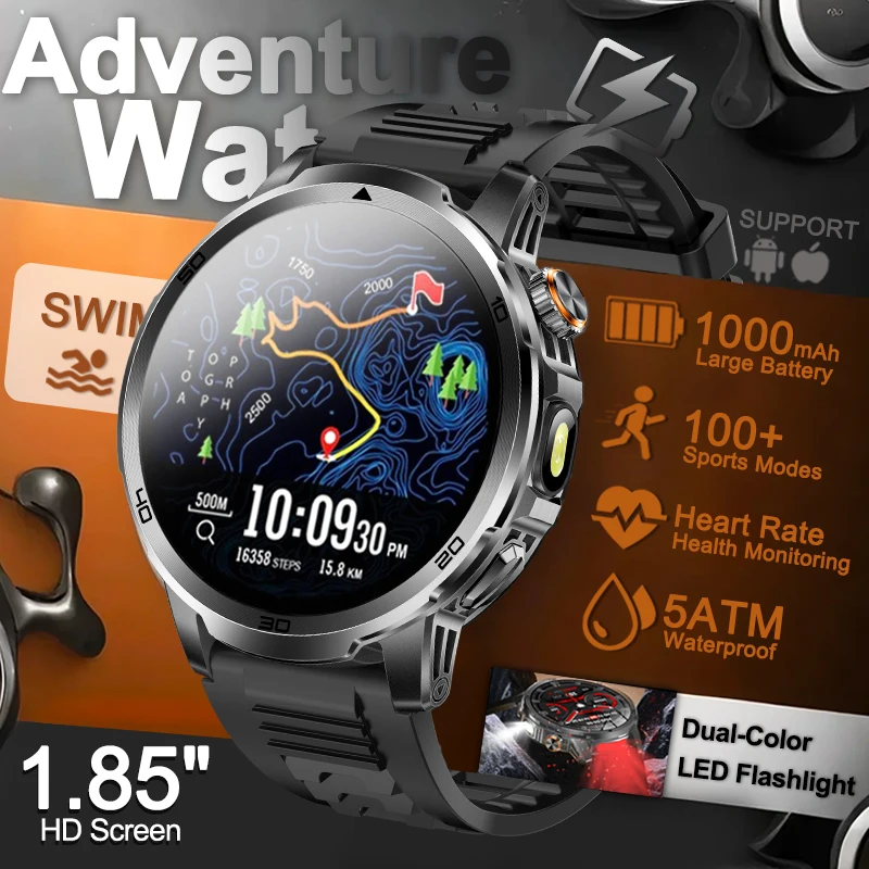 

Новые умные часы с GPS-треком Adventure, аккумулятор 1000 мАч, двухцветный фонарик, 5 АТМ, водонепроницаемые, спортивные умные часы с пульсометром, мужские