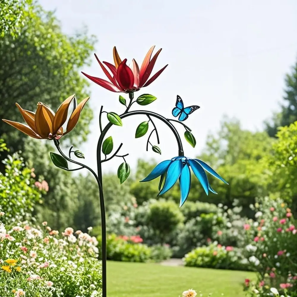 

Metal Wind Spinner Creative with Spinning Flowers Butterflies Windmill Sculpture Durable Wind Rotator Lawn