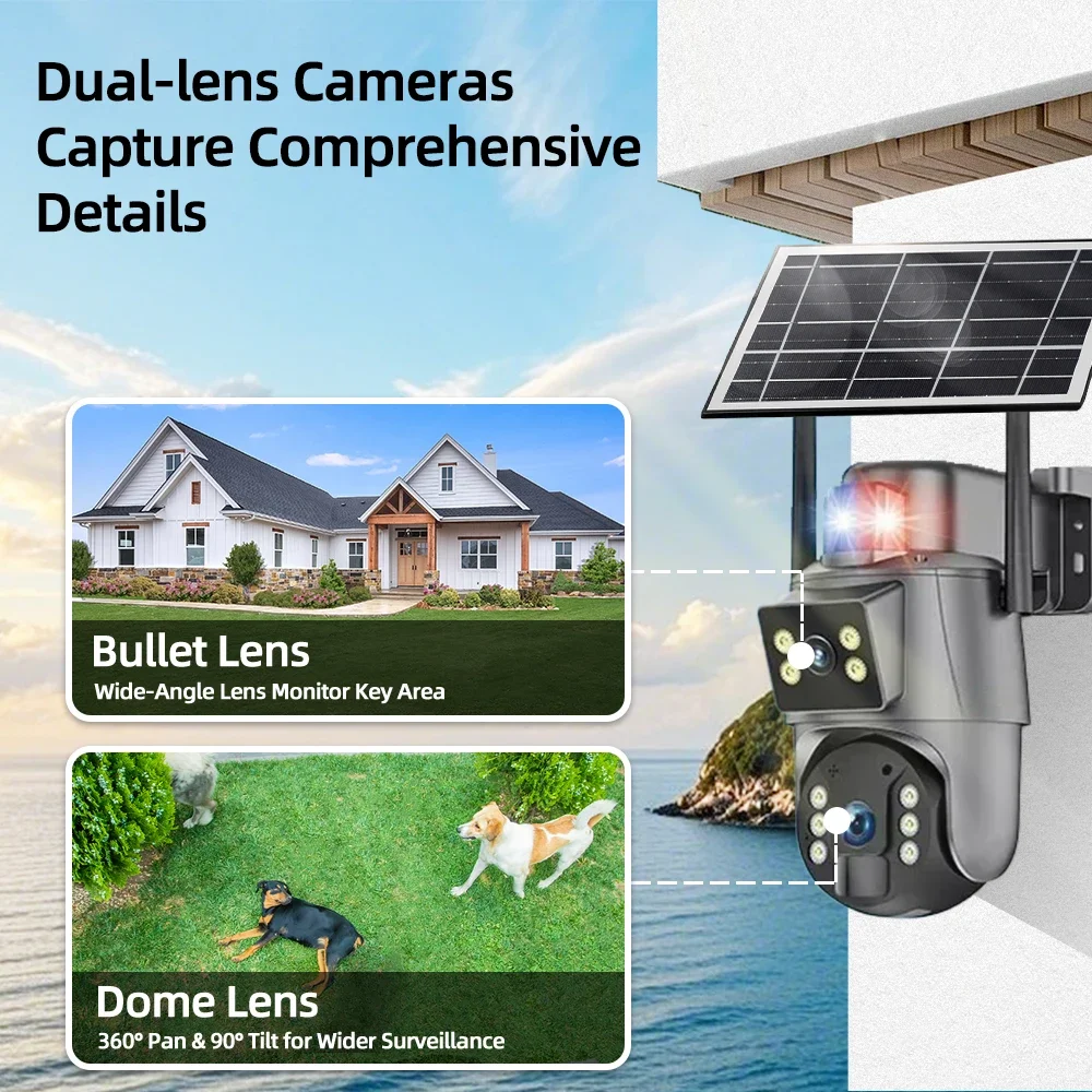 8MP Solar Camera 4G SIM Outdoor 4K Dual Lens PIR Human Detection Night Vision Waterproof Security Solar Battery CCTV Monitor