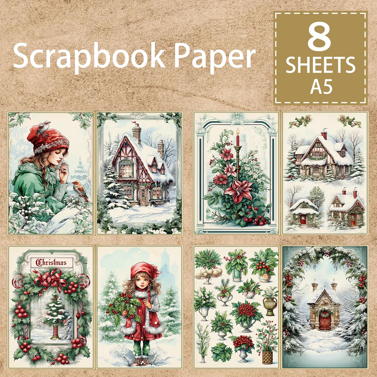 8 Sheets A5 Size Christmas Girl Wearing Red Hat Wreath House Vintage Grunge Journal Planning Scrapbooking