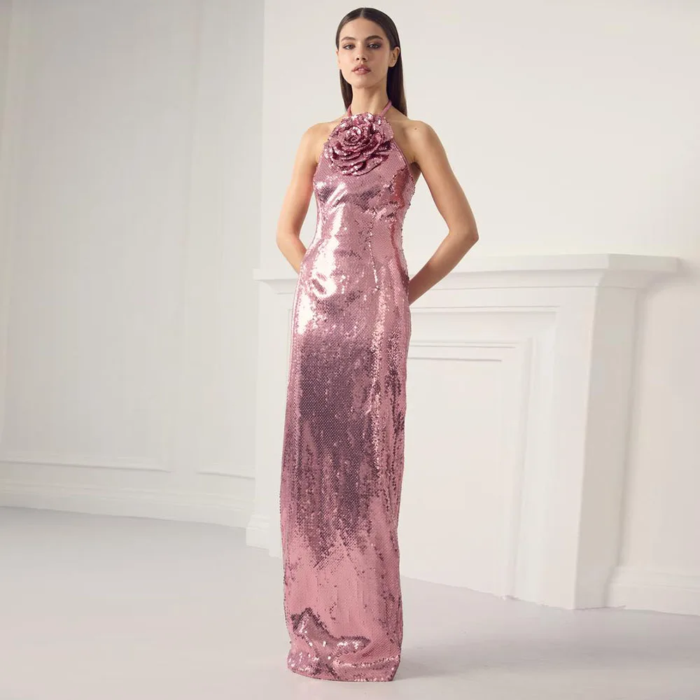 Spakly Lila Lentejuelas Vestido de noche para mujer Halter Vestido de noche de flores Sirena Hasta el suelo Vestido de fiesta largo formal de trompeta