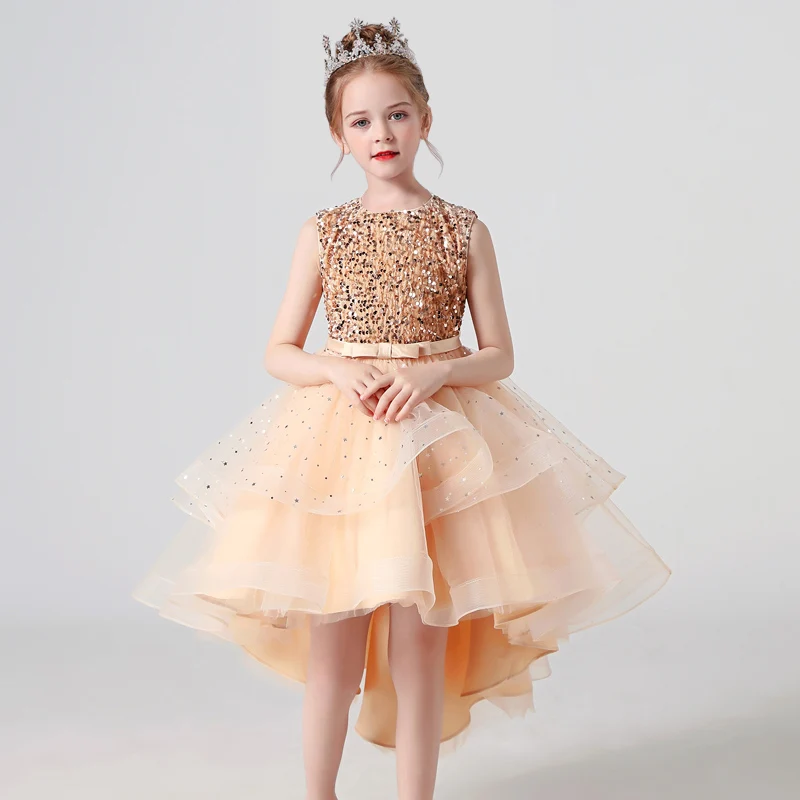 Girls Dress 2022 Summer New Evening Dresses Sleeveless Sequined One-Piece Princess Tail Skirt For Piano Performance