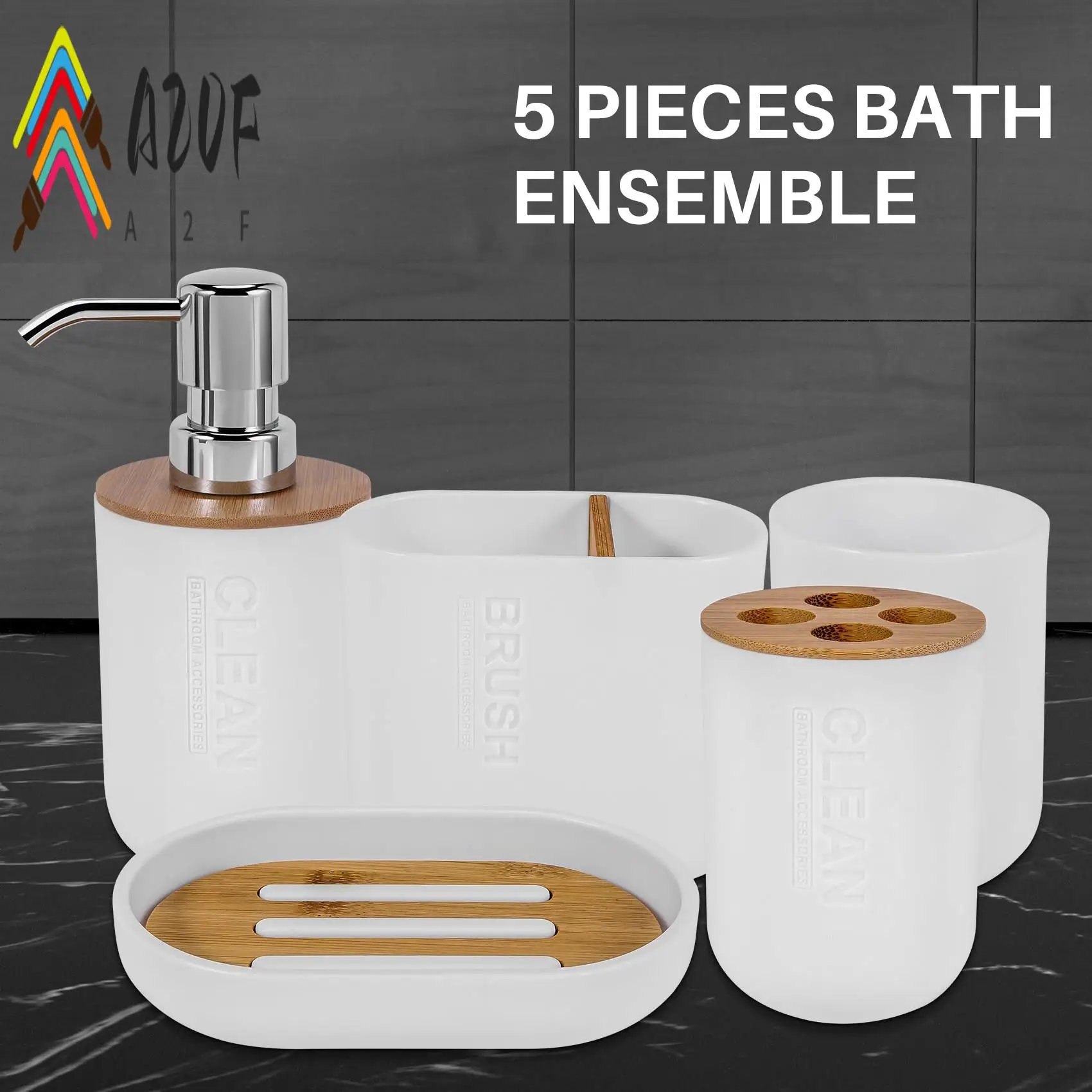 

A20F-5Pcs Bamboo Bathroom Set Toilet Brush Holder Toothbrush Glass Cup Soap Dispenser Soap Dish Bathroom Accessories