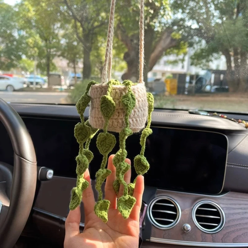 Multi-style Cute Potted Plants Crochet Car Mirror Hanging- Accessories Cute Car Accessories for Women Men Handmade Gift