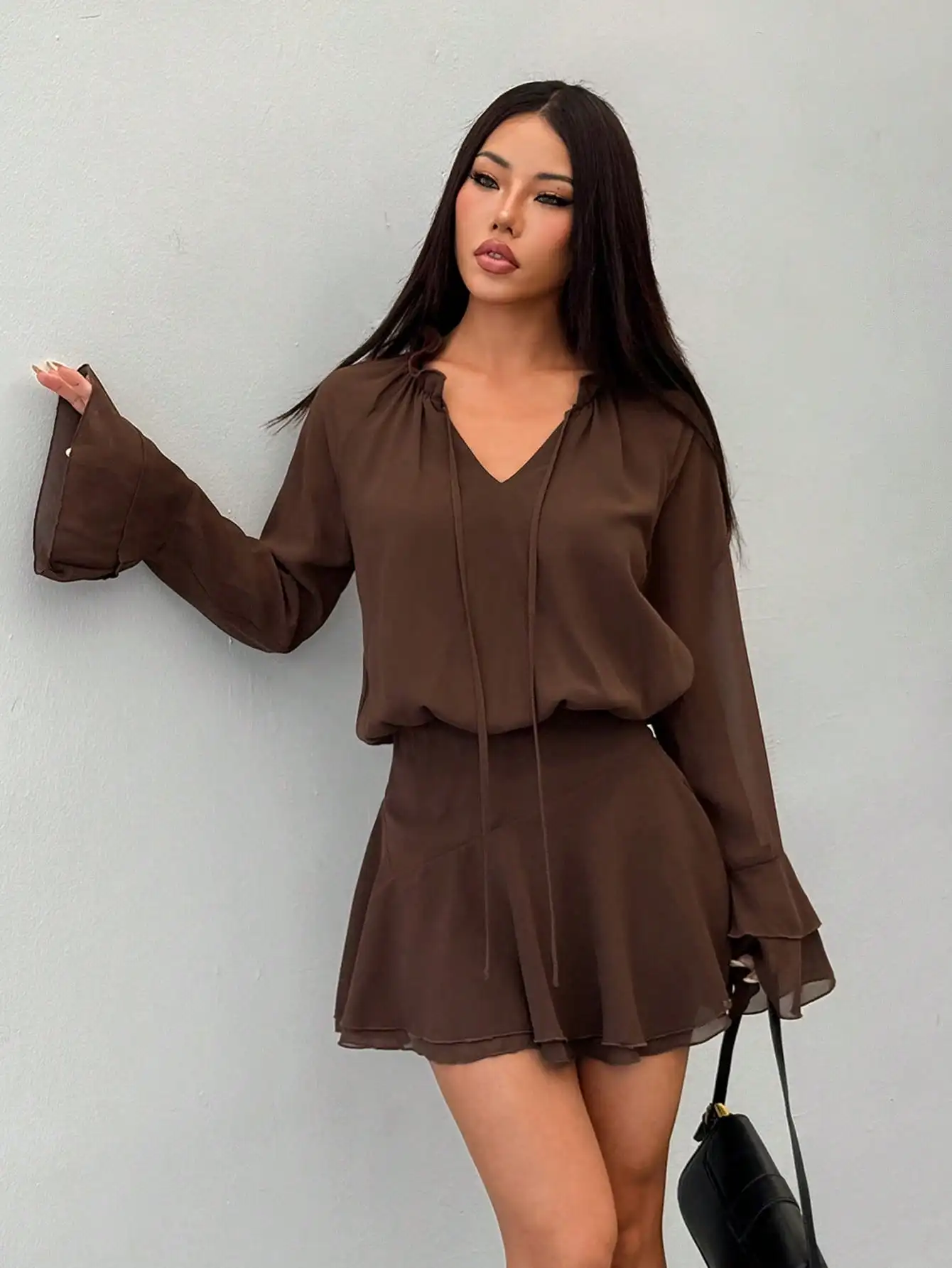 Brown Ruffle Tie-Ne…