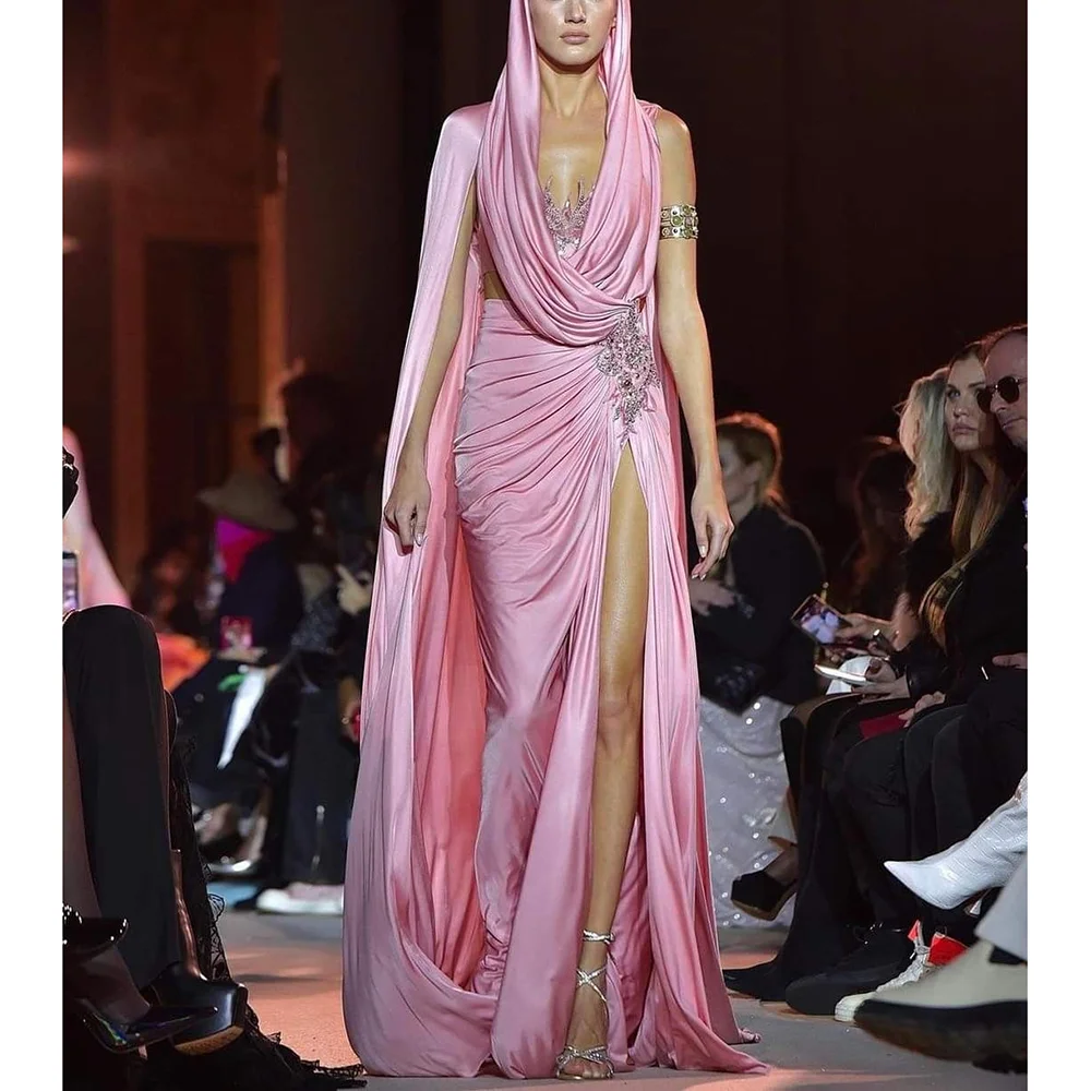 Wykwintna damska suknia wieczorowa z aplikacjami kwiatowymi, długa do podłogi, z rozcięciem bocznym, różowa, luksusowa suknia wieczorowa dla kobiet.