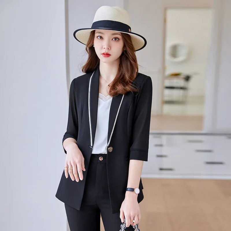 Women Business Suits with Pants and Tops 2022 Spring Summer Half Sleeve Ladies Office Work Wear Professional Blazers Pantsuits