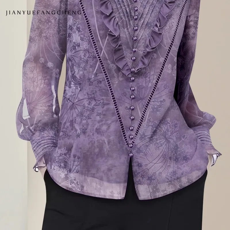 Camicetta stampata in chiffon leggero da donna alla moda Manica lunga Scollo a V Volant Top primavera estate Camicie casual larghe