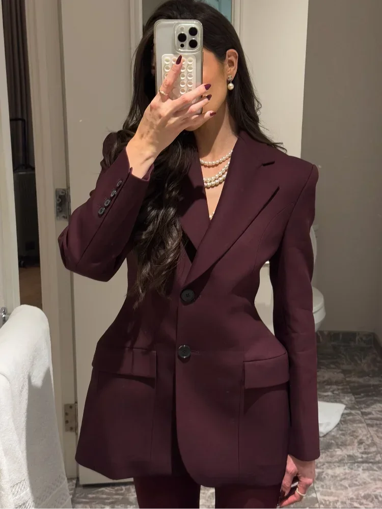 Fashion Burgundy Red Women Slim Blazer Jackets Elegant Lapel Long Sleeve Single Breasted Coats Office Lady Pockets Commuting Top