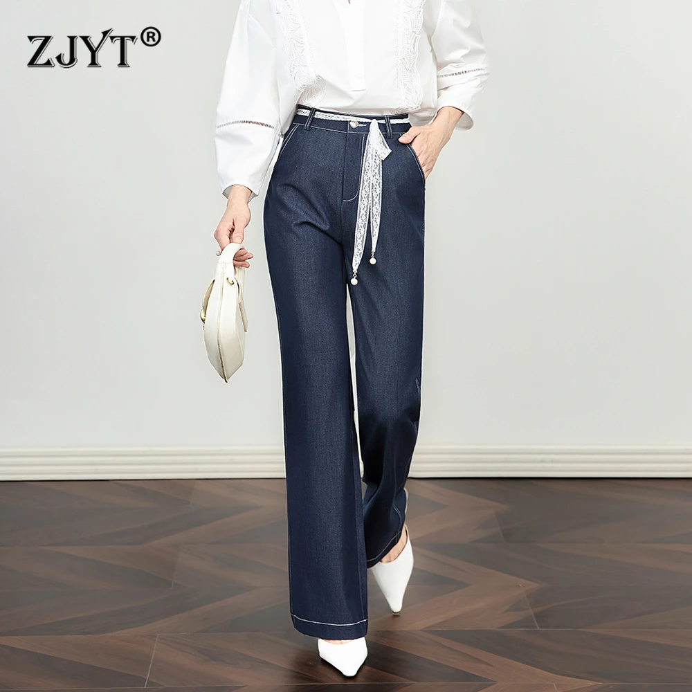 

ZJYT High Street Fashion Women Jeans Lace Up Blue Wide Leg Full Length Pants Summer Elegant Lady Vintage Casual Trousers Female