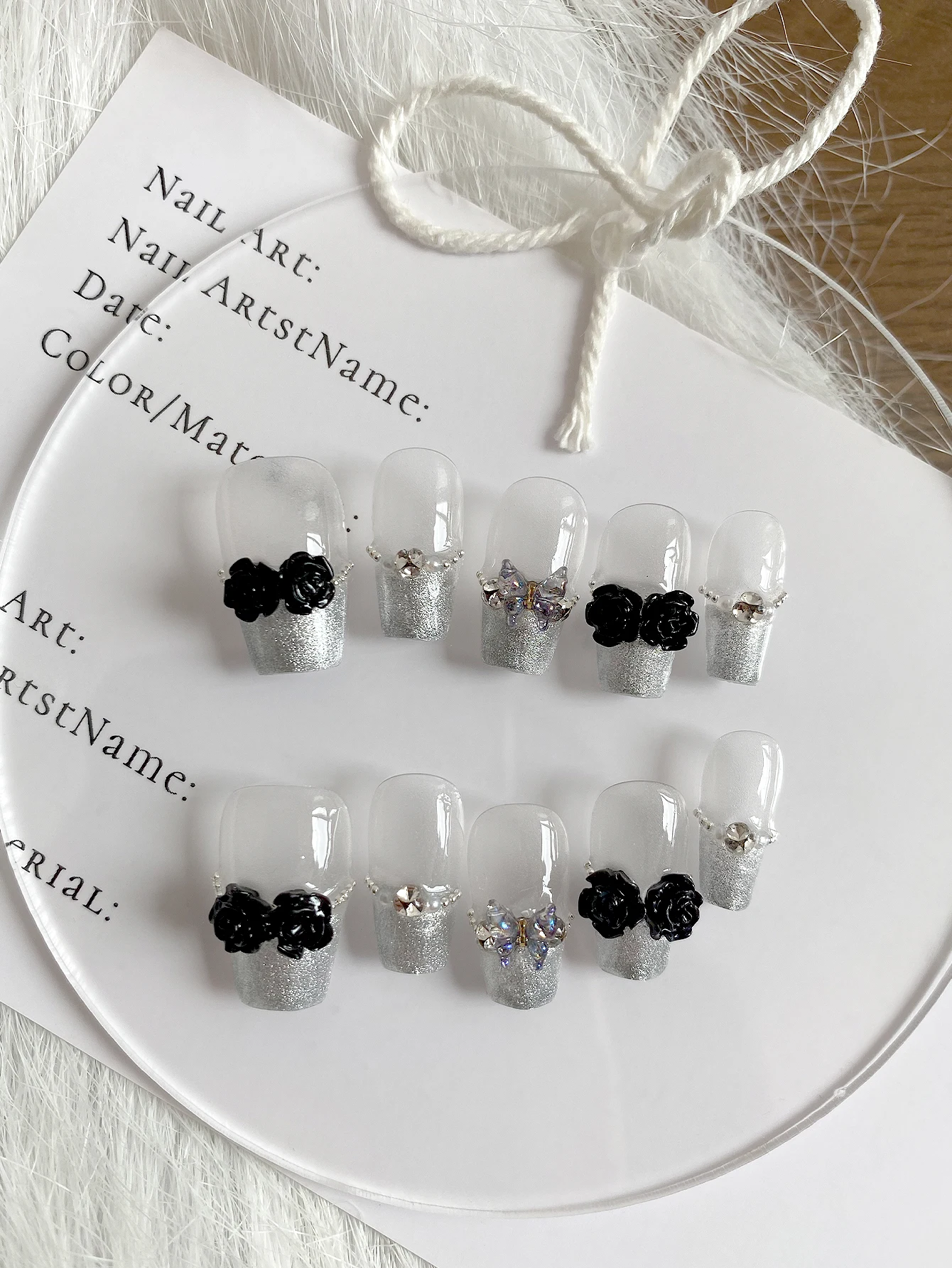 Short Square Press‑On Nails, Clear Base Silver Glitter French Tips, Handcrafted 3D Black Rose & Butterfly Ornaments