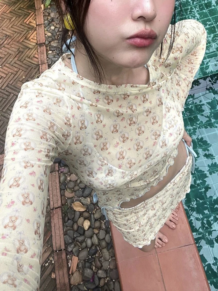 OIINAA Set bikini stampato donna O collo manica lunga copricostume gonna avvolgente dolce carino coreano primavera calda costumi da bagno estate 2025 nuovo