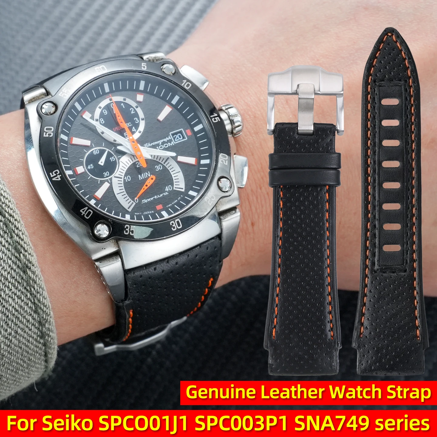 

For Seiko Sportura SNA749 SSRPC01J1 SPC003P1 SPC057J1 Series Replacement men Genuine Leather Watch Strap black Orange Stitching