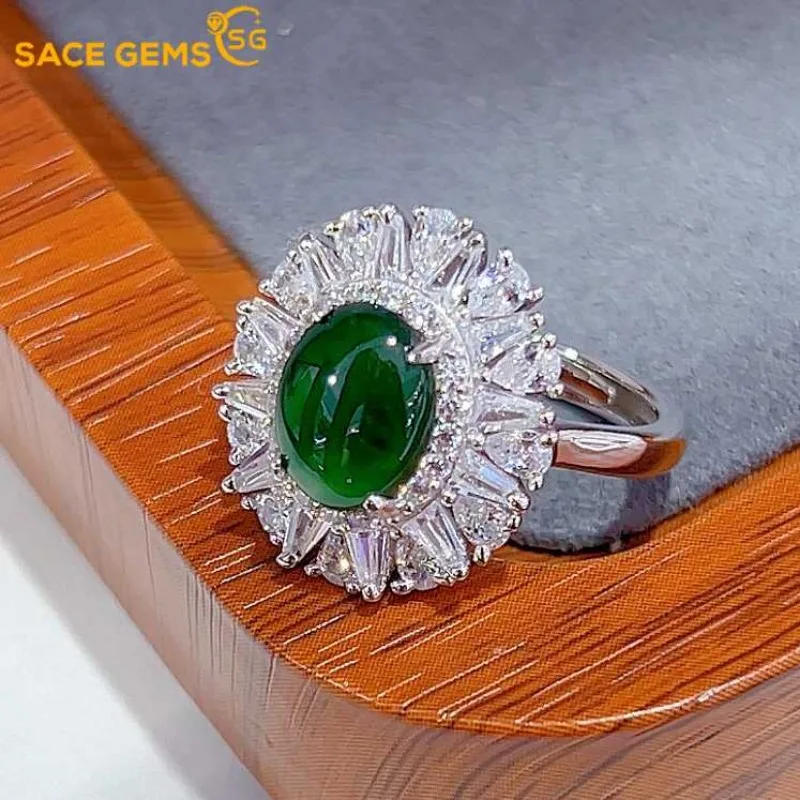 

SACE GEMS Fashion 925 Sterling Silver 6*8mm Natual Jade Luxury Rings for Women Created Wedding Engagement Party Fine Jewelry