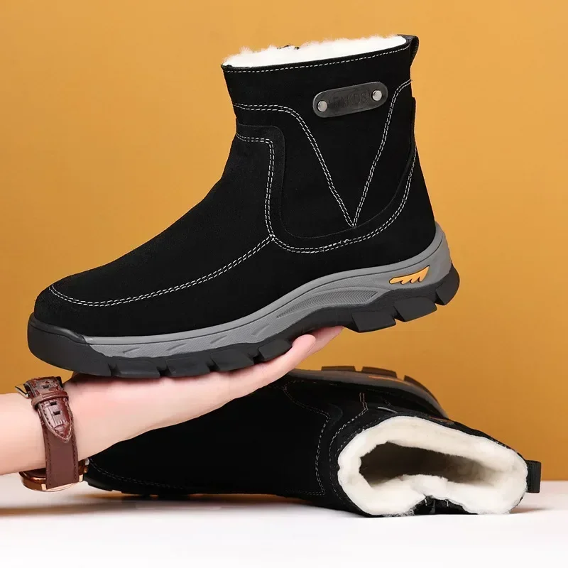 2024 Winter Genuine Leather Snow Boots Outdoor High Top Men Casual Shoes Side Zip Sheep Fur Suede ANKLE Boots 22011