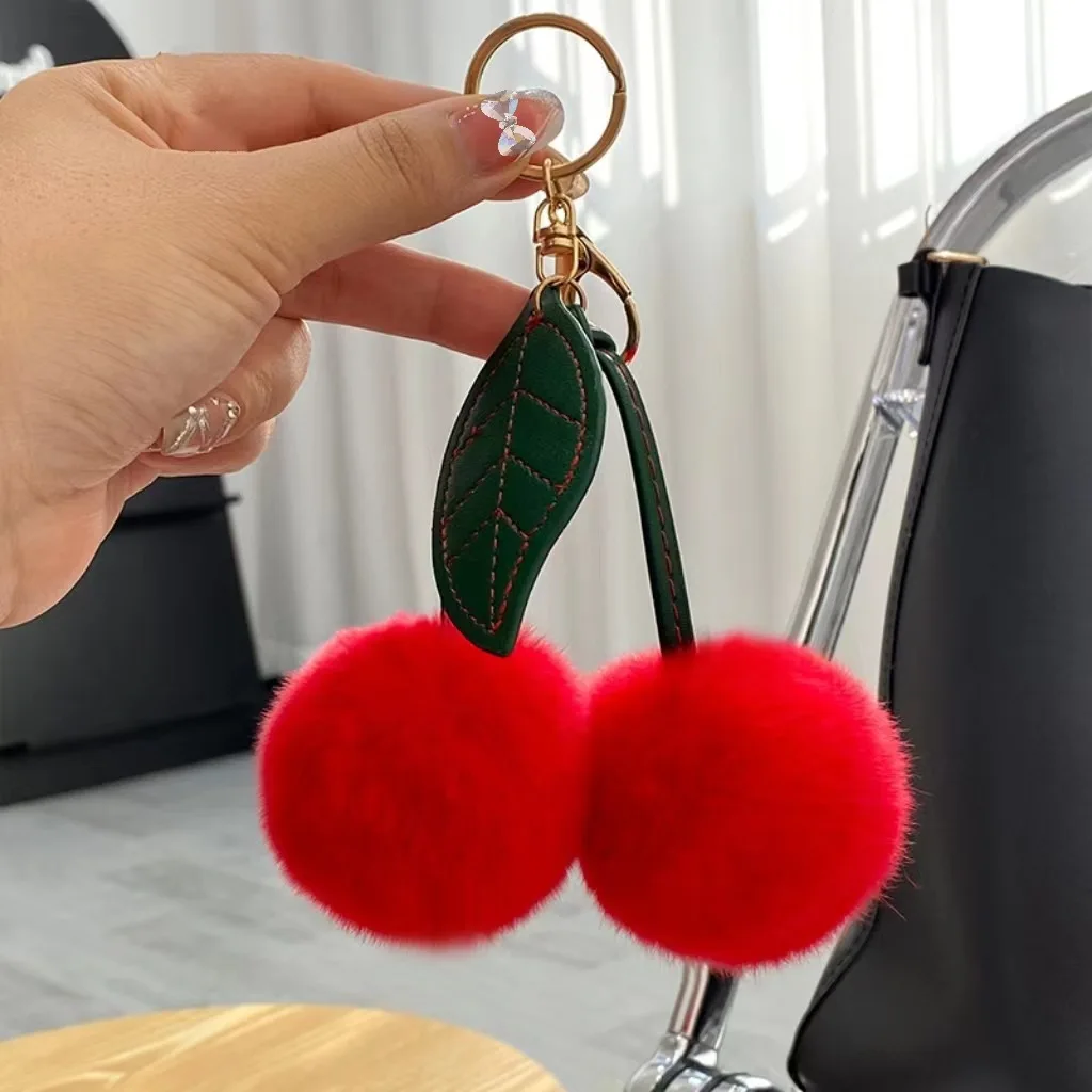 6pcs/set Cute Fluffy Rex Rabbit Fur Ball Pompom Leaf Keychain Cherry Key Chain Handbag Pendant Car Key Chain Ring