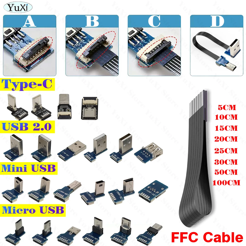 1-6pcs FPC Flat Flexible Type A/USB C/Micro-B/Mini-B Male FPV Data Charge USB2.0 Connector FFC Adapter Cable Angle 90 Elbow