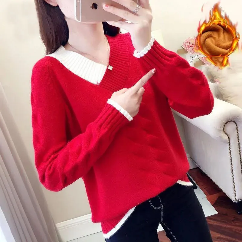 New Autumn and Winter Fashion Korean Version Lazy Style Color Blocking V-neck Plush Loose and Versatile Women's Knitted Sweater