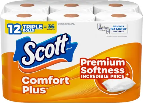 ComfortPlus 1-Ply Bath Toilet Paper, 12 Triple Rolls Equal to 36 Regular Rolls, 231 Sheets per Roll, Rapidly Dissolving Septic-Safe Tissue, Durable Disposable Bathroom Toilet Tissue for Household, RV and Septic Plumbing Systems