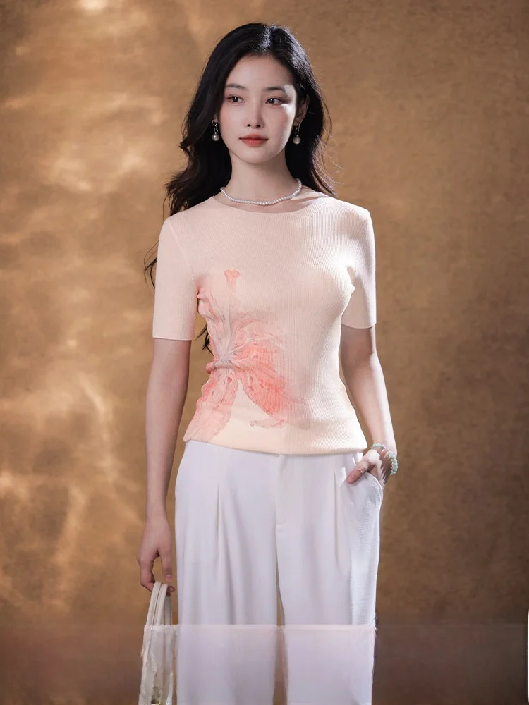 

Ele Hand-Painted adient Silk Knitted Top Women's Faion Summer 2026 Ice Sensation Digital Print round Ne Te...