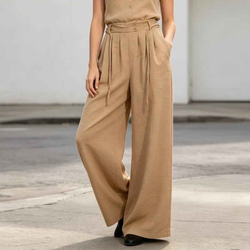 

Элегантные свободные женские брюки с высокой талией, однотонные, на пуговицах, весенне-летние, универсальные, прямые, широкие, новые.