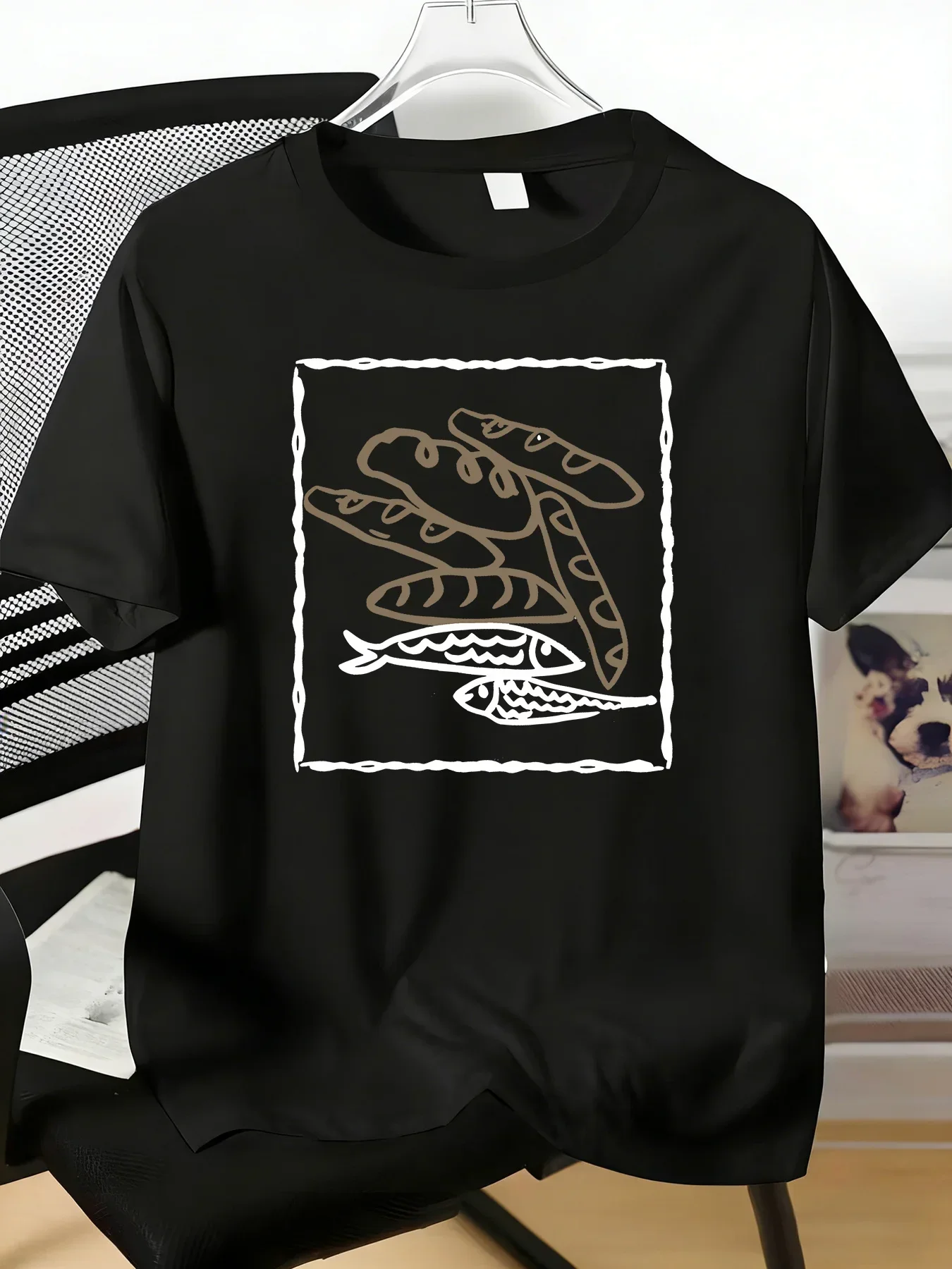 Men Cotton Tee Abstract Fish Baguette Line Art Crew Neck Short Sleeve Summer Street Loose Daily Top For Adult Male Casual Outfit