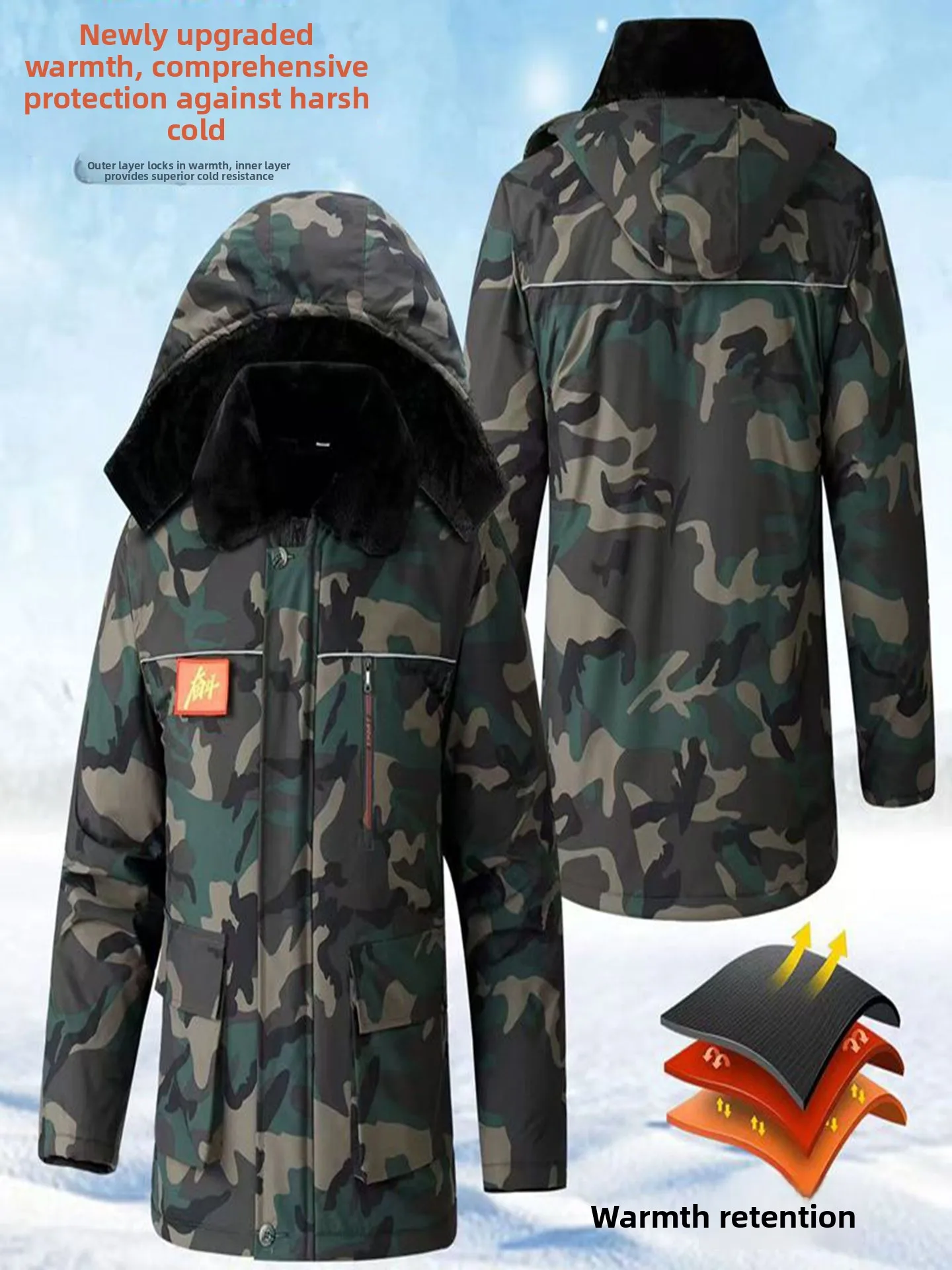

Men's Thickened Fleece Lined Cotton Jacket Waterproof Winter Camouflage Workwear Standard Fit Long Sleeve Zipper Closure Coat