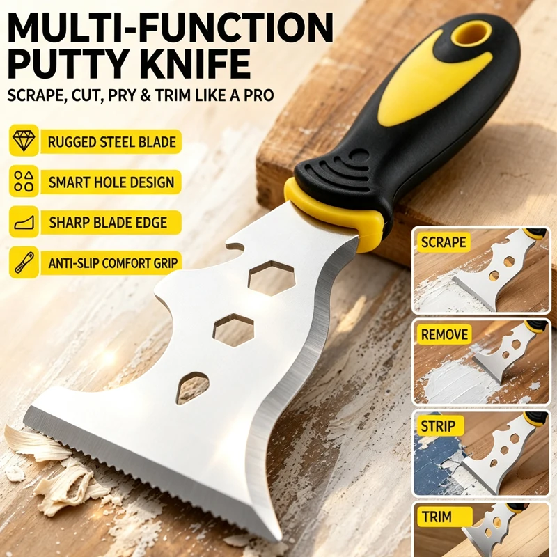 Multifunctional Paint Scraper Stainless Steel Putty Knife Non Slip Handle Hand Tool for Wallpaper Removing Glue Cleaning Repair
