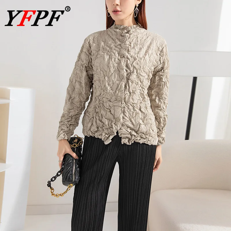 

YFPF Irregular Pleated Design Blouse Women Casual Stand Collar Long Sleeve Button Fashion Shirt Tops Autumn Winter New Clothing