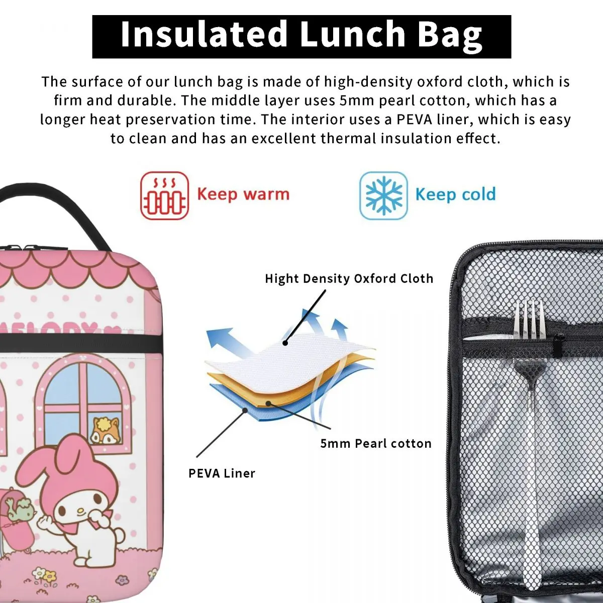 Sanrio Kawaii My Melody Insulated Lunch Bags Cooler Meal Container Anime Large Tote Lunch Box Food Bag College Outdoor