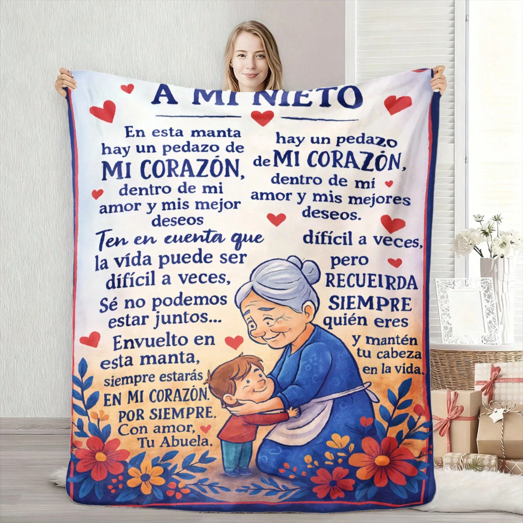 Edredón de amor de abuela española al nieto |   Mensaje de inauguración del corazón "A Mi Nieto". |   Manta de forro polar suave |   Regalo familiar personalizado
