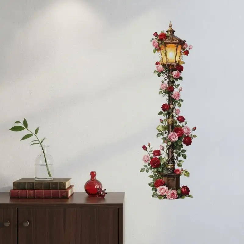 Vintage Street Lamp Rose Wall Decal No Residue Removable Realistic Floral Decor for Bedroom Nursery Home Wall