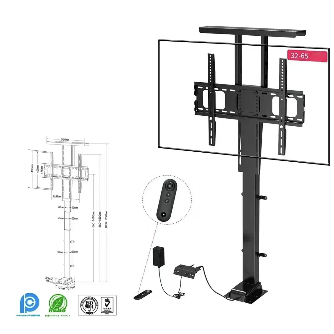 Smart Electric Tv Lift Stand Motorized Height Adjustable Via Tuya App or Remote Fits 32-65 Tvs with Dual-hook Safety