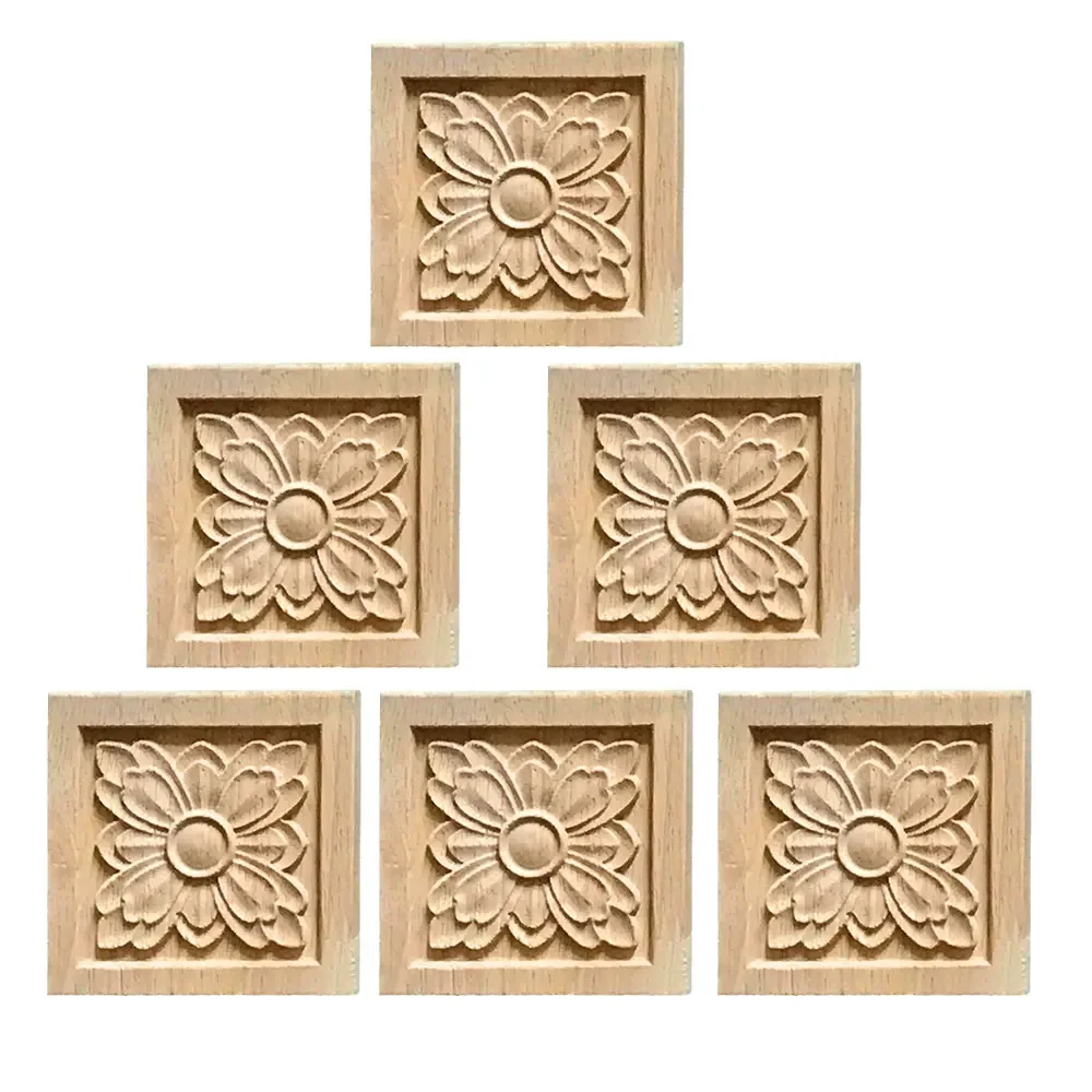 6PCS Unpainted Wood Corner Onlay Applique Frame Furniture Square Floral Wood Carved Decal Wall Bed Doors Furniture Home Decor