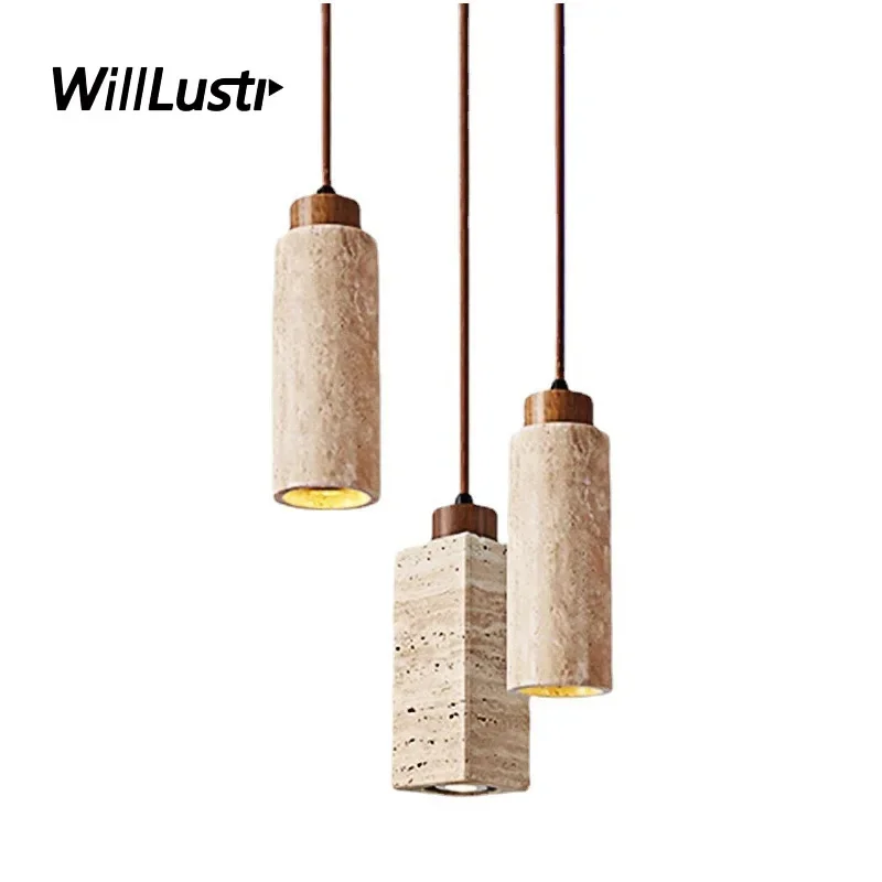 

Yellow Travertine Pendant Lamp Stone Cubiod Cylinder Suspension Light Hotel Cafe Bar Bedside Wood Hanging Ceiling Chandelier