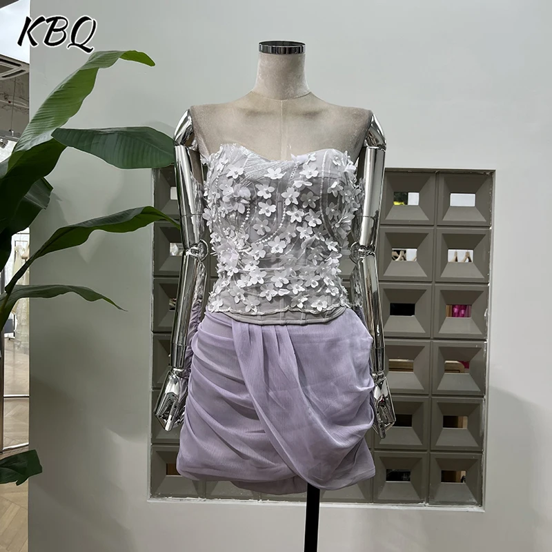 

KBQ Solid Chic Two Piece Sets for Women Strapless Backless Tunic Spliced Appliques Tops High Waist Folds Skirts Chic Set Female