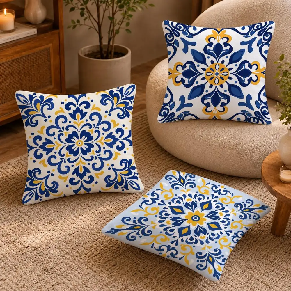 Pattern Portuguese Azulejo Style Cushion Cover Short-Plush Cushion Cover Pillowcase — Suitable for Sofas Bedrooms and Home Decor